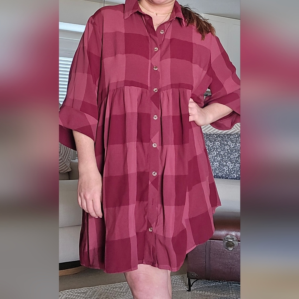 Vici, Entro, Burgundy Dress Shilah Plaid Babydoll Mini Dress, L - Picture 3 of 10